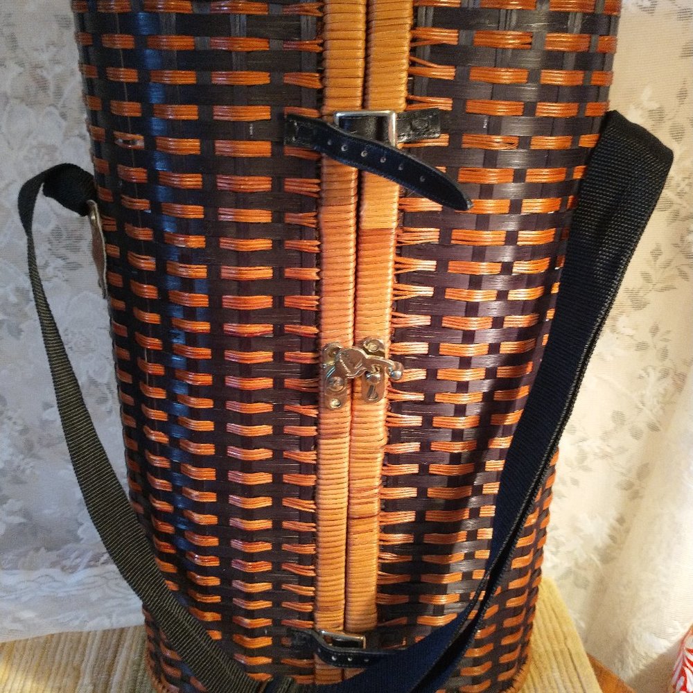 Grey Goose vodka wicker brown basket with strap with cocktail shaker & 2 glasses